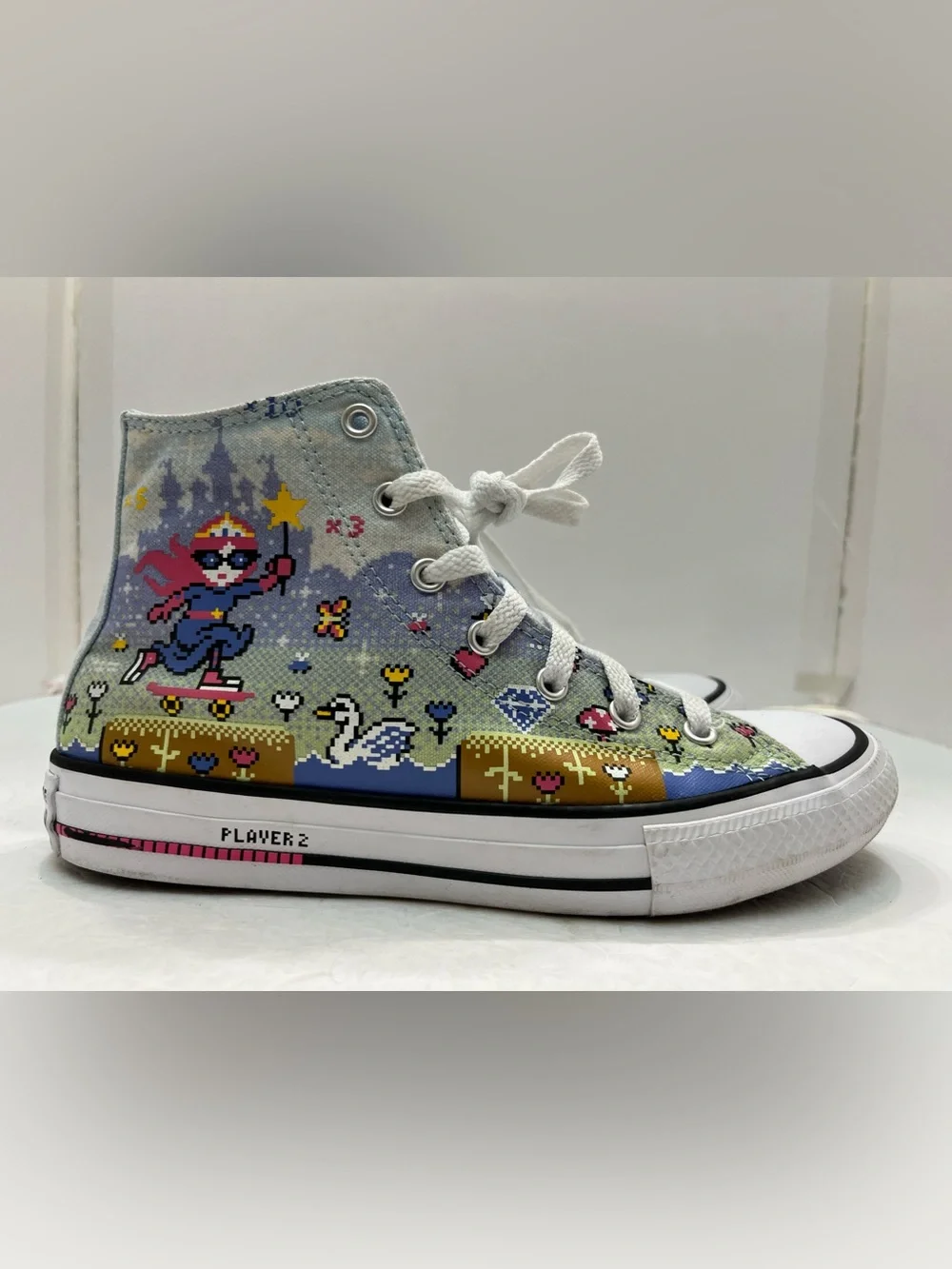 Converse Kids Light Blue High-Top Sneakers with Multicolor Floral Accents/Women7